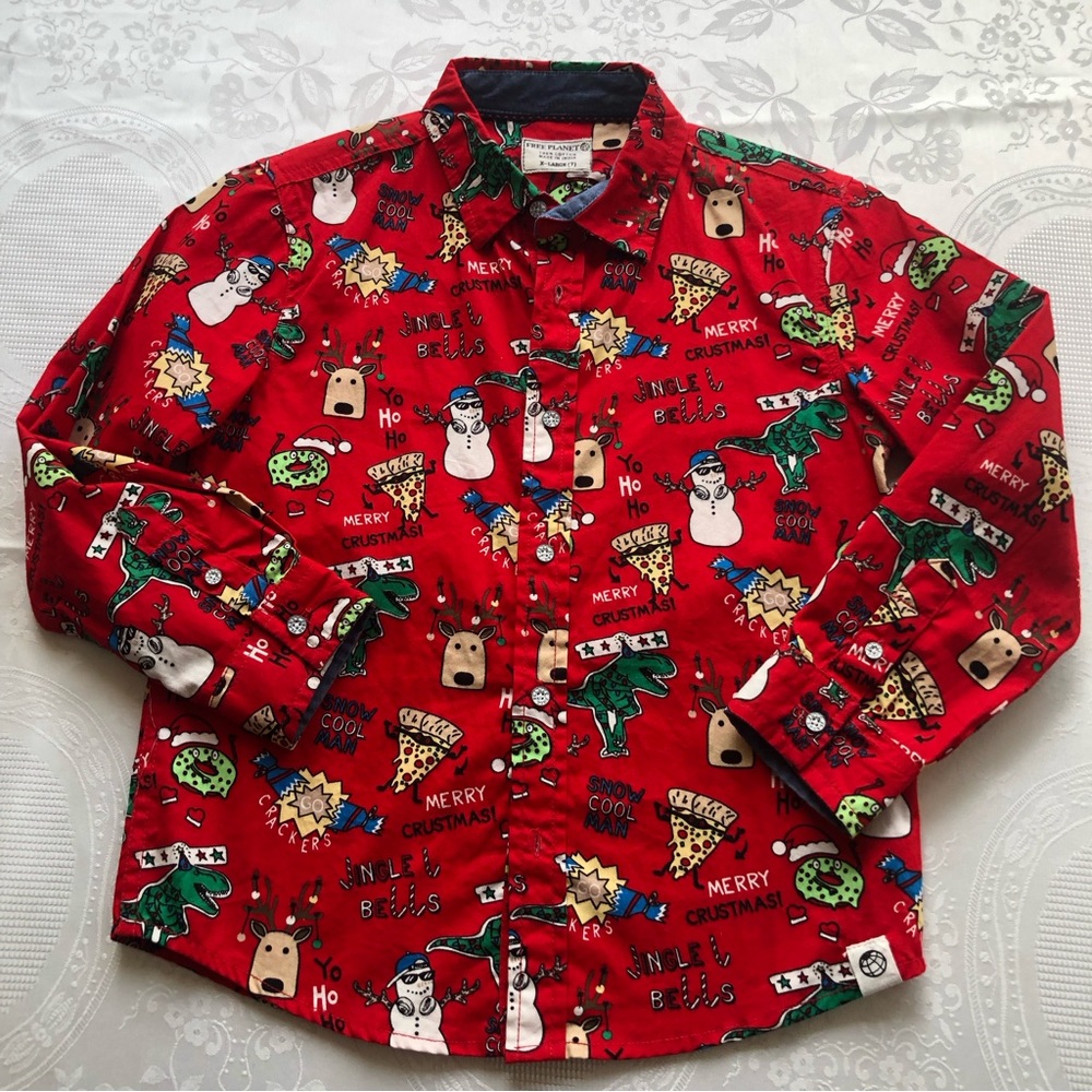 Free Planet Boys Size 7 Red Christmas Holiday Cool Shirt Long Sleeves Button-Up